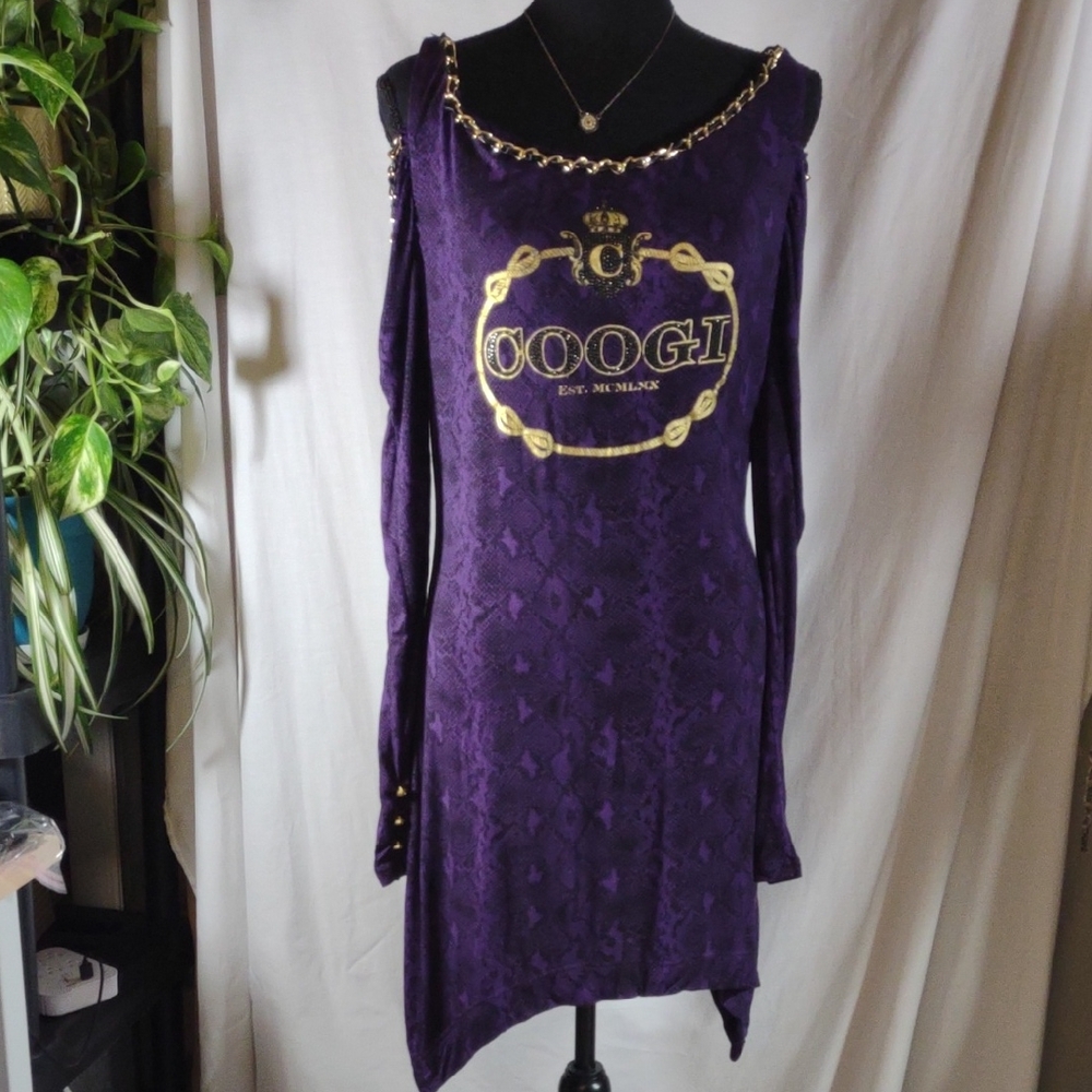 NWT COOGI Long Sleeve Cold Shoulder Dress in Deep Purple w/Gold Details - Sz. L